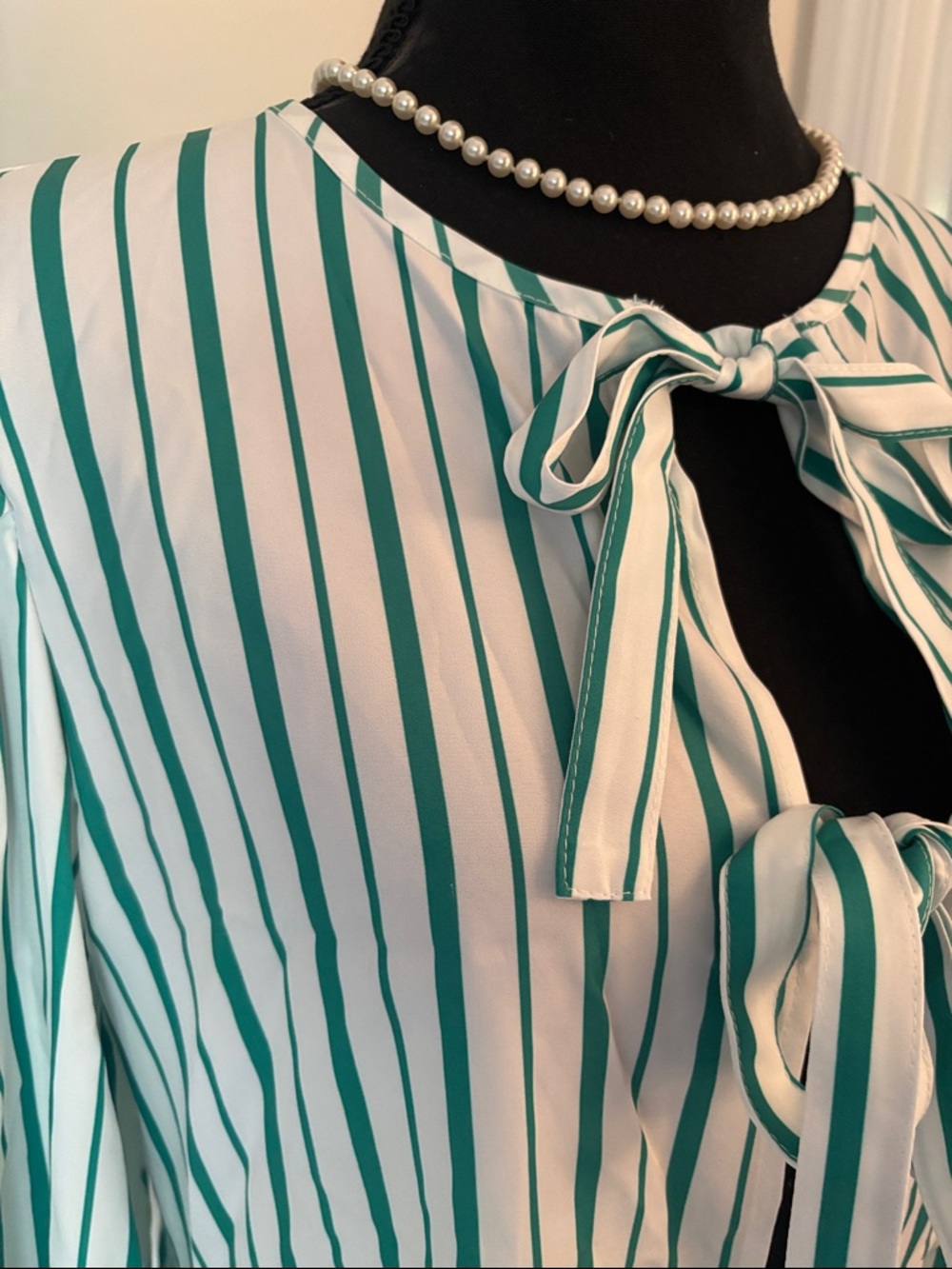 Striped Tie-Front Peplum Blouse - Green/White New - Picture 4 of 5